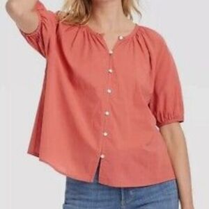 Universal Thread Button Front Puff Sleeve 100% Cotton Blouse in Rust Size XS